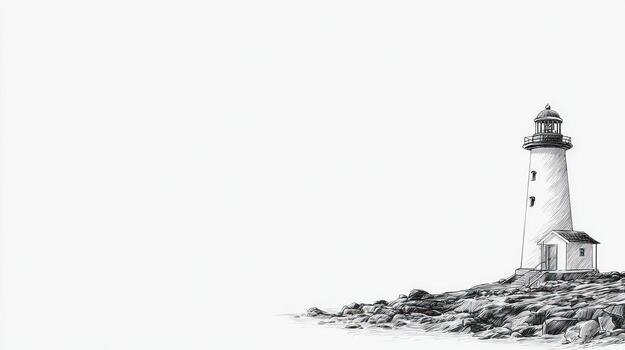 Stark white lighthouse stands sentinel on rocky coast, minimal sketch photo
