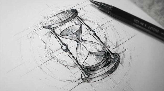 Hourglass sketch with pen on paper, detailed shading, grid backdrop photo