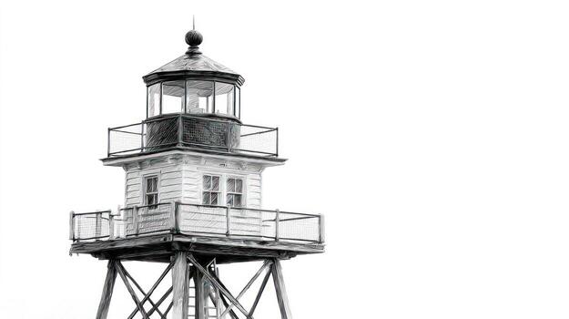Old, weathered lighthouse tower with octagonal lantern room against white photo