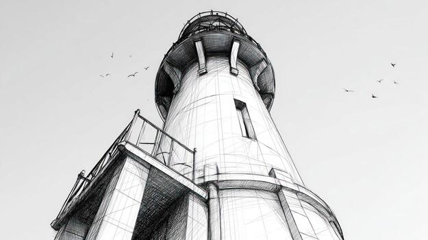 Lighthouse soars high, drawn with hatching marks, some birds scattered about photo
