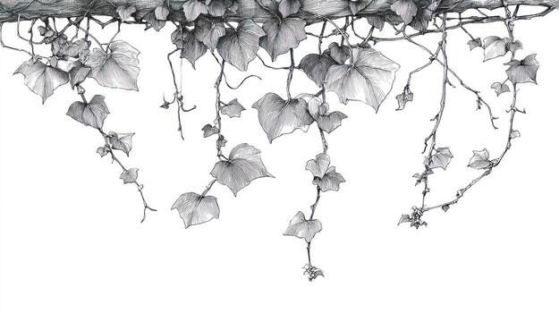 Delicate, trailing ivy with broad leaves, rendered in fine pencil strokes photo