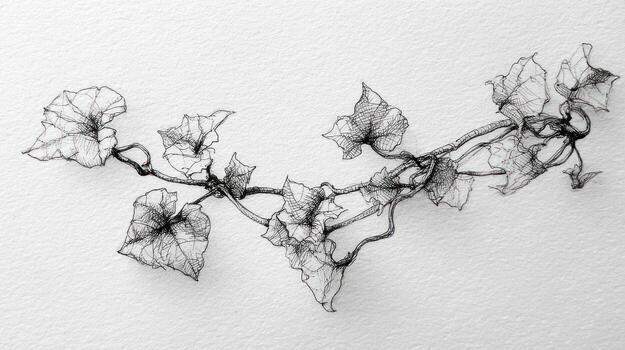 Delicate vine illustration with textured leaves, subtle monochrome shading photo