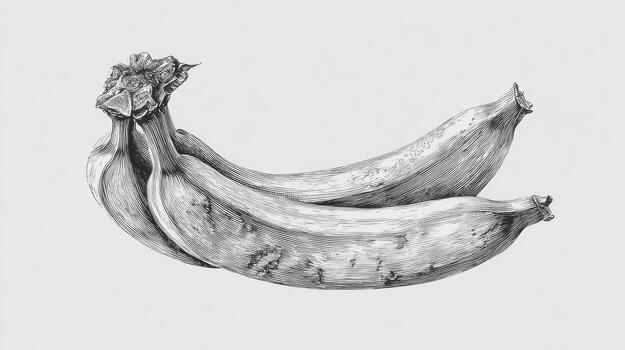 Three bananas in a bunch, drawn in grayscale with heavy shading photo
