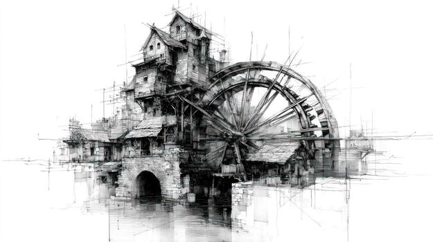 Detailed sketch of a complex mill structure with a large water wheel photo