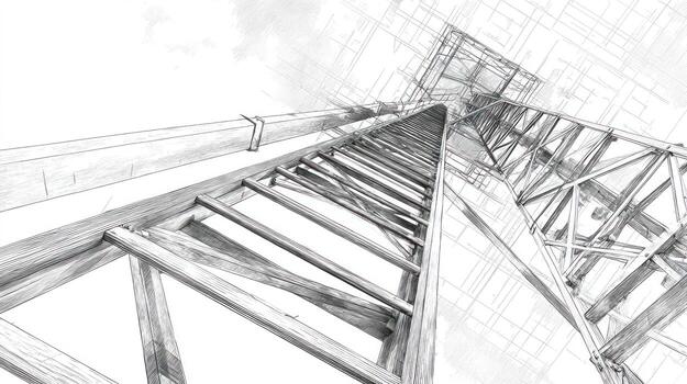 Low angle, pencil drawing of an observation tower, ladder in foreground photo