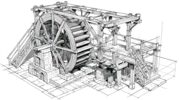 Elaborate water wheel structure with platforms and detailed framework photo