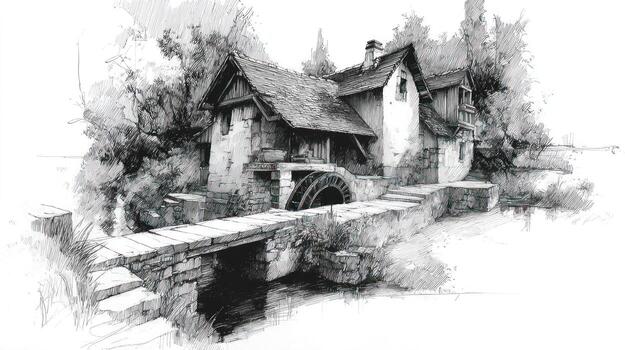 Rural stone mill by water, bridge, tree backdrop, monochromatic sketch photo