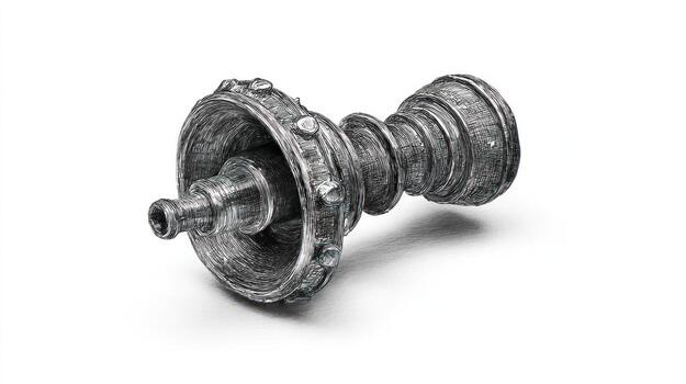 Detailed pencil drawing of a complex, metallic machine part on white background photo