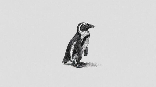 Penguin standing, black and white sketch, facing right, simple background photo