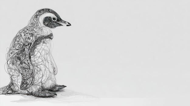 Penguin sketch standing, intricate lines, facing right, blank space photo