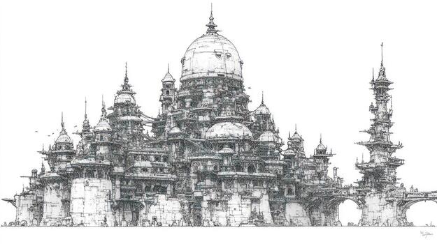 Intricate city drawing with domes, spires, and bridges in detailed linework photo
