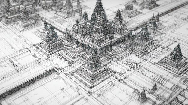 Ornate temple sketch rendered in white and gray, architectural study photo