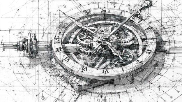 Intricate clockwork drawing, blueprints overlap, gears visible, monochrome photo