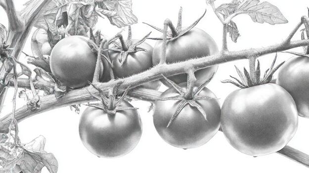 Realistic pencil drawing of tomato cluster on vine, leaves visible photo
