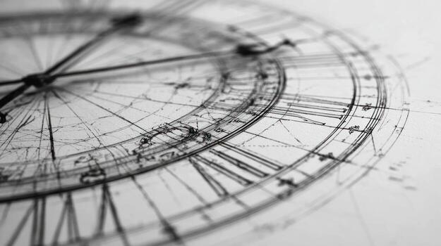 Delicate clock blueprint in grayscale, showing roman numerals and hands photo