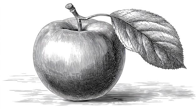 Detailed cross-hatch drawing of an apple with stem and leaf on white photo