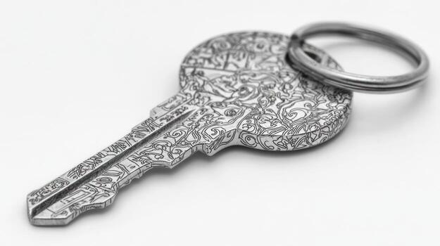 Ornate key with floral pattern on white background photo