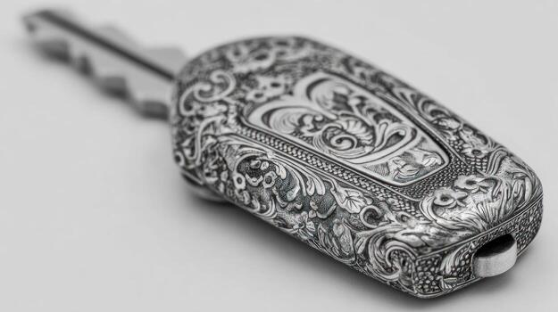 florido plata coche llave con detallado floral volutas en un ligero antecedentes foto