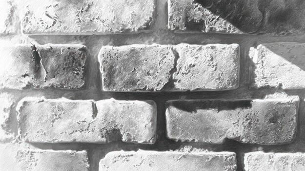 Brick wall close-up, monochrome, textured surface with shadows photo