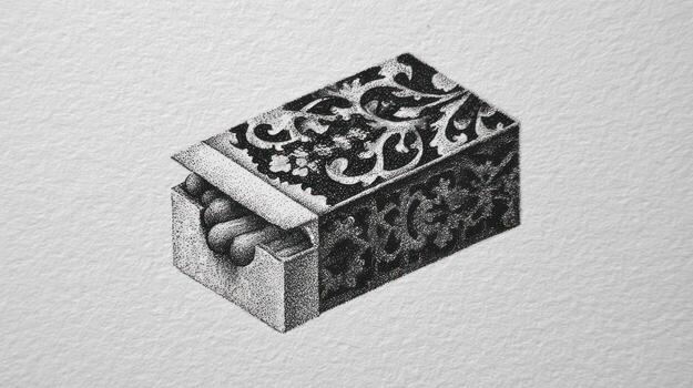 Elaborate ornamental box of matches, partially opened, rendered with pointillism photo