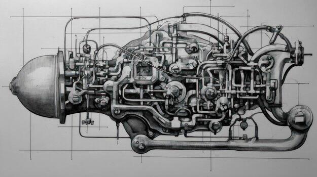 Detailed mechanical drawing of complex pipes, gears, and components photo