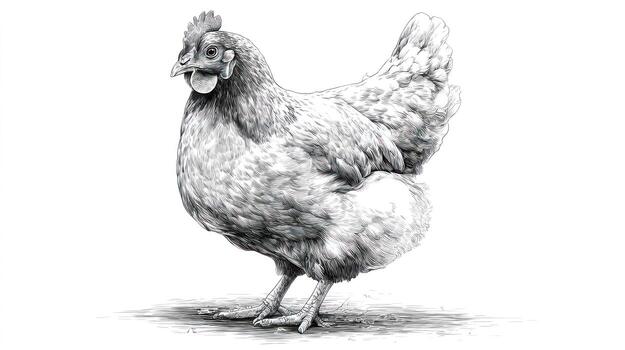 Detailed monochrome drawing of a hen standing on the ground, slightly angled photo