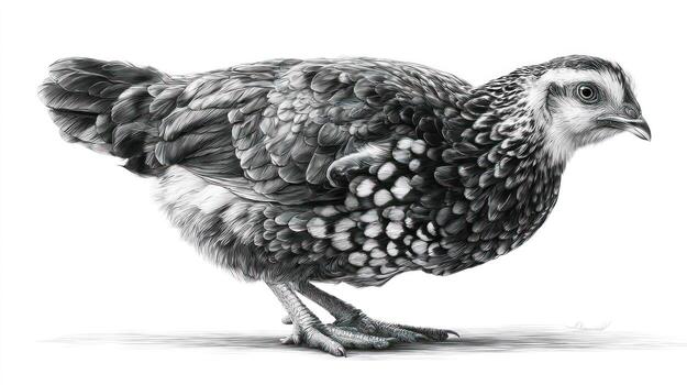 Rendered drawing of small bird with textured feather pattern, white backdrop photo