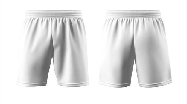 White athletic shorts, front and back view, mockup photo