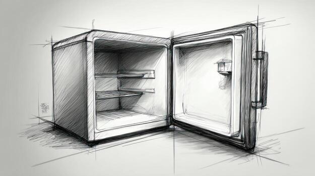 Open refrigerator sketch with shelves, handle, and interior details in grayscale photo