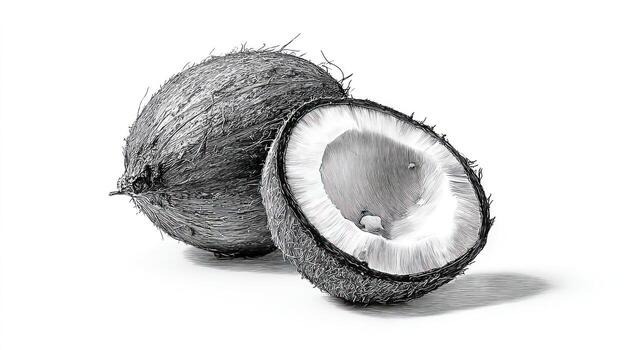 Two coconuts, one whole, one halved, showing texture photo