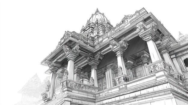 Ornate temple exterior, sketch style with complex architecture and light details photo