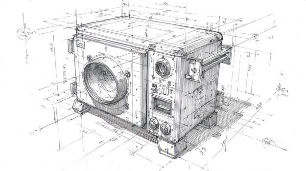técnico dibujo de un cuadrado dispositivo con diales y tubos, rodeado por mediciones foto