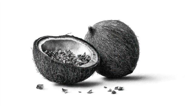 Two coconuts, one halved revealing pulp and scattered pieces photo