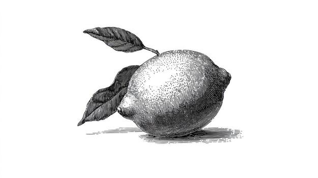 Detailed monochrome drawing of a lemon with two leaves, on a white background photo