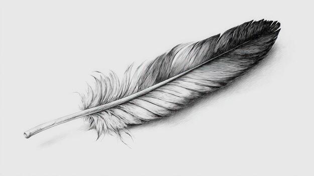 Detailed graphite drawing of a feather on a pale background photo