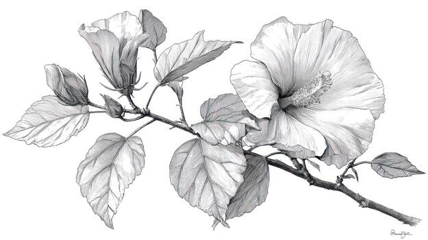 Graphite drawing of hibiscus flowers, buds, and leaves on a branch photo