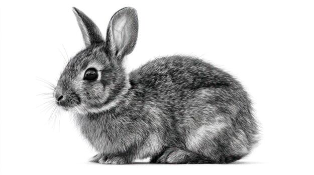 Grey rabbit sits, alert, on white background. Monochrome, detailed, realistic photo