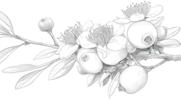 Delicate branch with flowers and berries, sketched in shades of gray photo