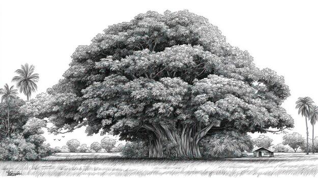 Large, dense tree dominates a field with a distant house photo