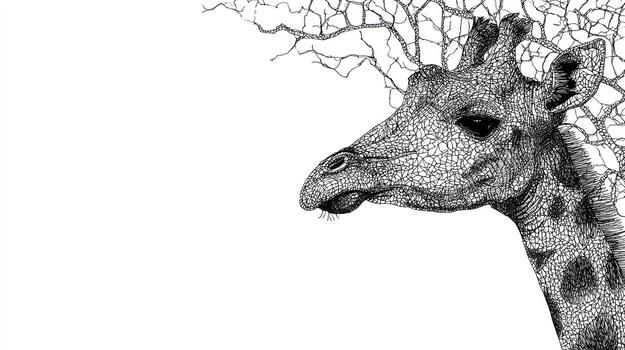 Pointillist giraffe portrait, with tree branch-like patterns merging into the sky photo