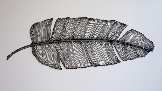 Detailed line drawing of a feather-like shape with segments on white photo