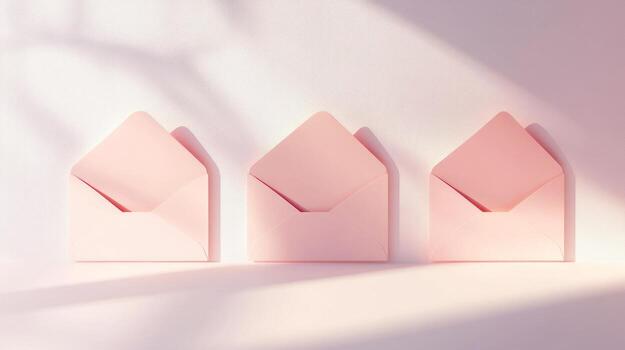 Three pale pink envelopes, subtly angled, on a light peach background. Sunlight casts soft shadows photo