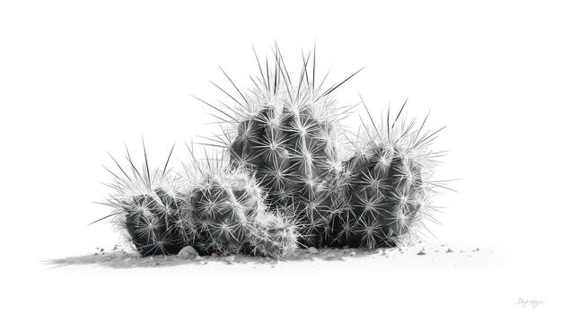 Three cacti cluster with sharp spines in grayscale, isolated on a white background photo