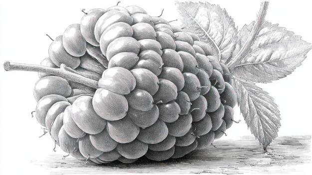 Detailed pencil drawing of a raspberry with leaves, monochrome photo