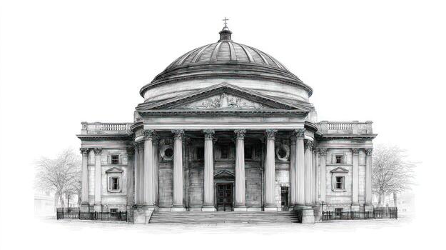 Ornate domed building with pillars, resembling a temple, sketched photo