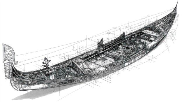detallado monocromo técnico dibujo de un barco con único rizado final foto