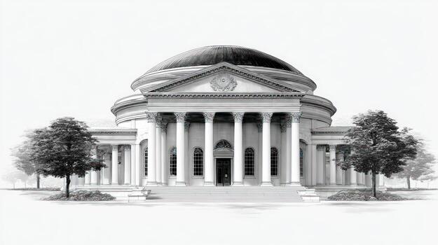 Neoclassical building featuring dome, columns, steps, and trees photo