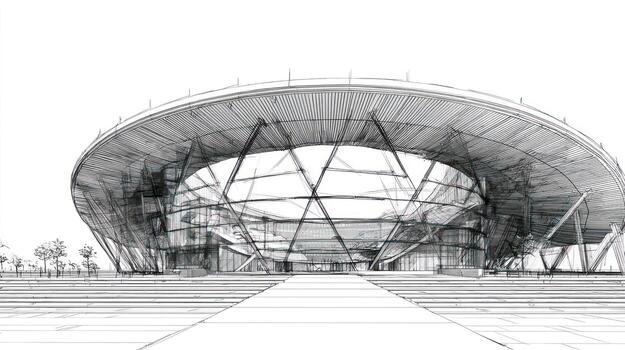 Sketch of a modern, circular building with intricate support structure photo