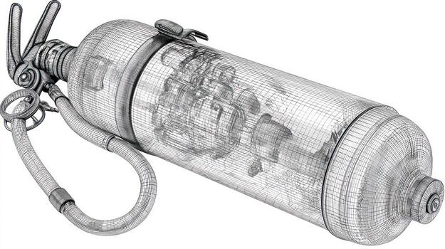 Wireframe rendering of a fire extinguisher, with transparent internals photo