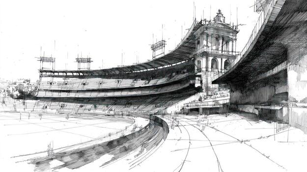 Architectural sketch of a stadium and elevated structure photo